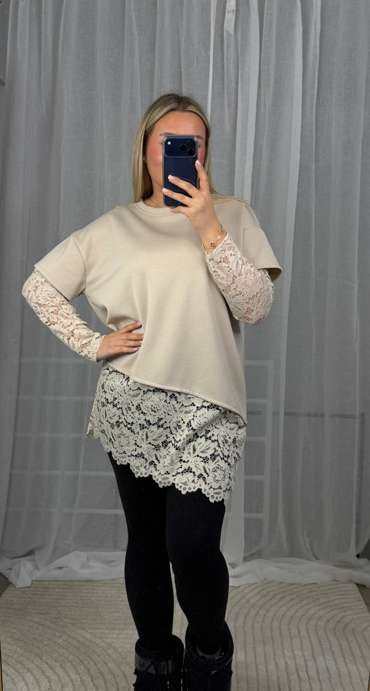 Butterstoff Spitzen Pullover in Beige