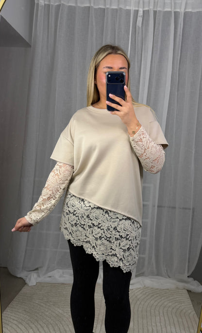 Butterstoff Spitzen Pullover in Beige