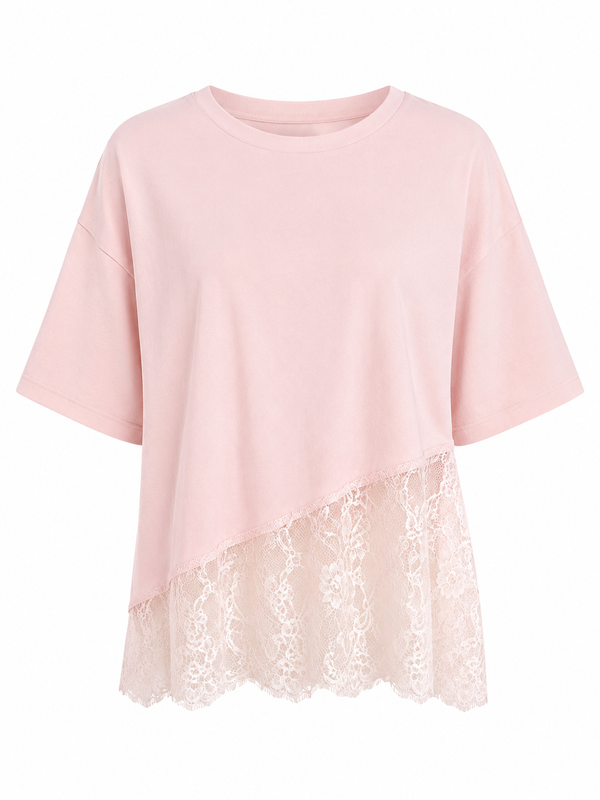 Pinkes Oversized-Shirt mit asymmetrischem Spitzenbesatz